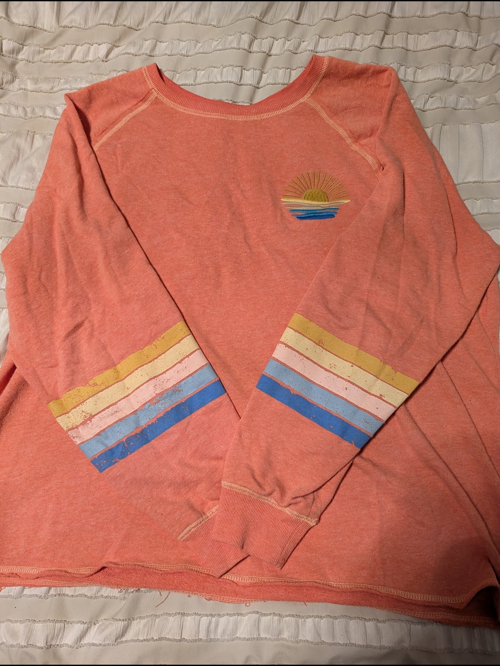 Maurices Coral Sweatshirt with Yellow, Pink & Blue Stripes